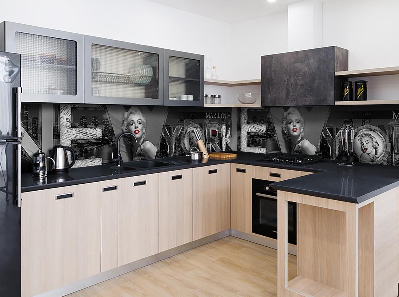 Кухонный фартук Монро звезды голливуда из самоклеющейся виниловой пленки 65х250 см Серый