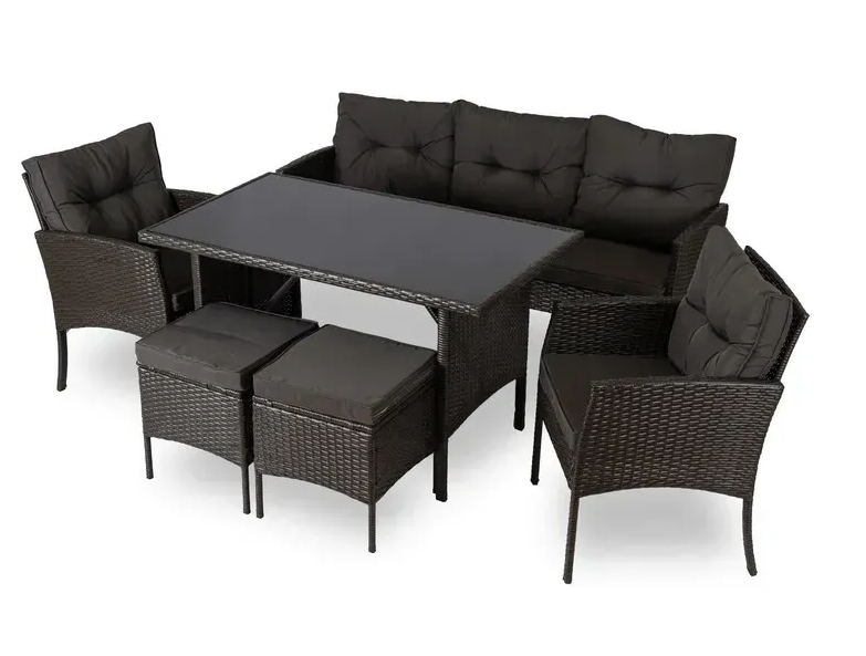 Набор садовой мебели Mebel Elit ATLANTA диван/2 кресла/2 пуфа/стола для террасы и сада Черный (ME.ATLANTA/CZ/RT/OGR/ZES)