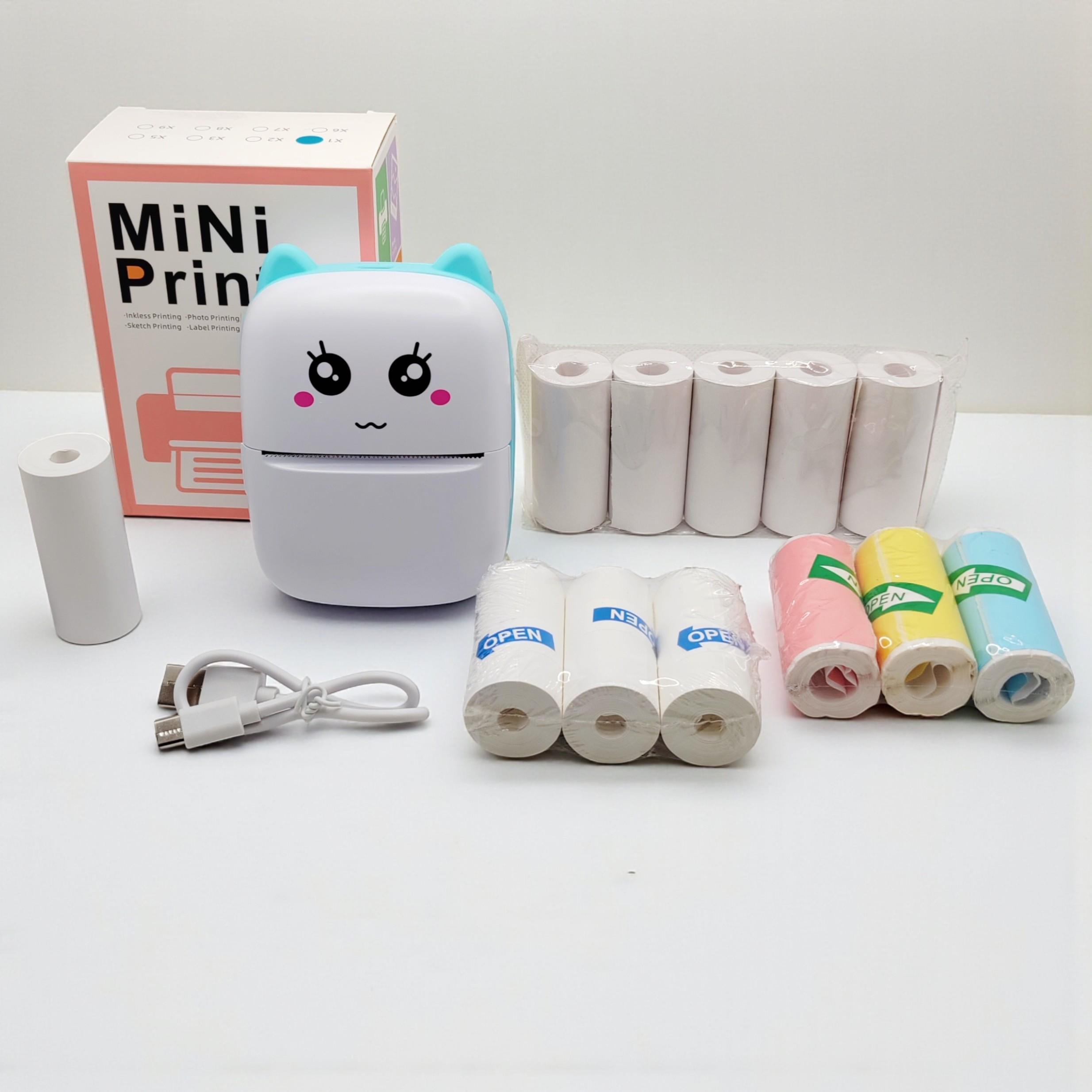 Принтер детский для печати с телефона по Bluetooth X1 Котик с набором бумаги 12 рулонов Бирюзовый (b-09870)