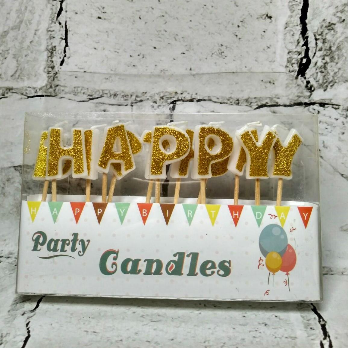 Свечи в торт буквы "Happy birthday" в глиттере Золотой (31116-2)