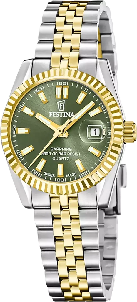 Наручные часы женские Festina Classic Steel Swiss Made F20088/4 с водозащитой 100 м и зеленым циферблатом