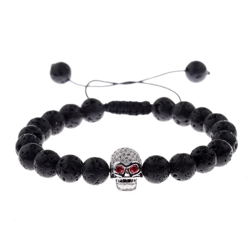 Браслет из лавового камня с черепом на стяжке р. 16 Серебряный/Черный (14003)