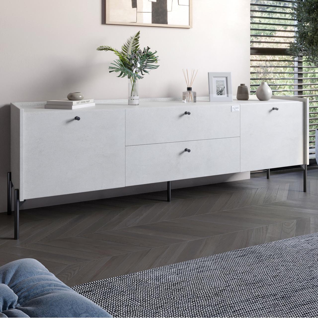 Тумба под телевизор с ящиками Lion Wood с черными ножками 180х50х40 см Бетон style (Lion-043123)