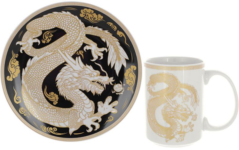 Набор чайный фарфоровый Дракон золотой на черной кружке 500 мл/тарелка Ø20 см (BD-K021)