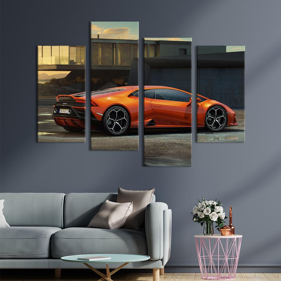 Картина на холсте Яркая Lamborghini Huracan Evo в оранжевом цвете 129x90 см (1341-42)