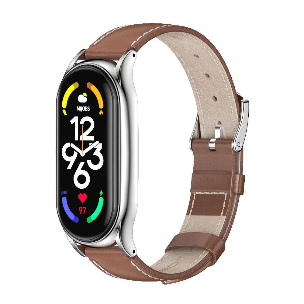 Ремешок для смарт-браслетов MiJobs Plus кожаный для Xiaomi Mi Band 5/4/3 Коричневый/Серебряный (1573P)