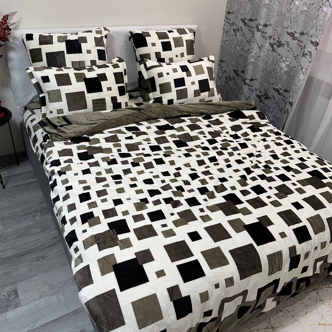 Комплект постільної білизни велюровий з малюнком з 4 наволочками євро 200x230 см Молочно-оливковий (29225212)