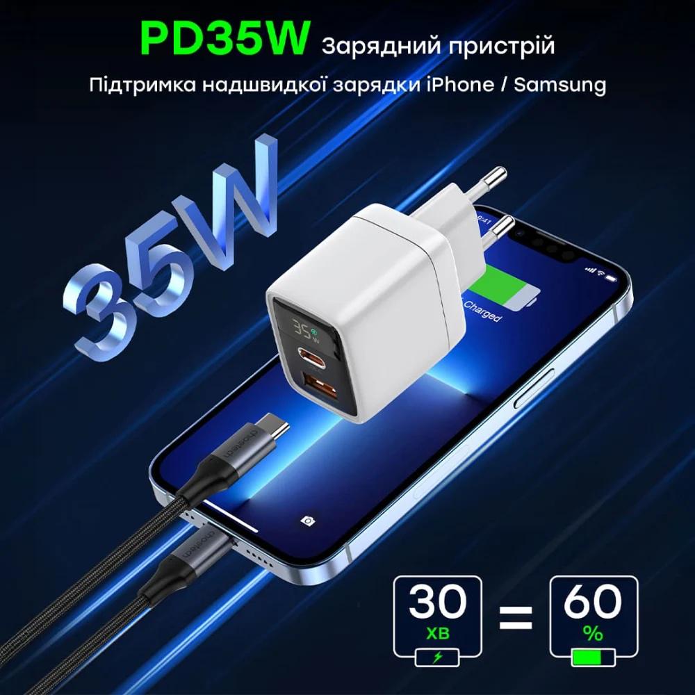 Зарядное устройство Choetech PD6052 35W быстрая зарядка GaN USB-C+USB-A LED Белый (634277) - фото 2 Зарядное устройство Choetech PD6052 35W быстрая зарядка GaN USB-C+USB-A LED Белый (634277) - фото 2
