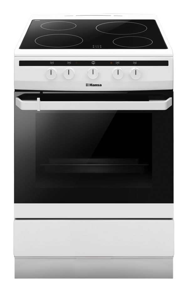 Плита электрическая Hansa FCCW63000, White, варочная поверхность с духовкой, механическое, стеклокерамическая, 4 электрических конфорки, объем духовки 67 л, верхний нагрев, нижний нагрев, освещение, 85x60x60 см