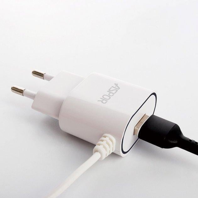 Зарядное устройство сетевое Aspor A802 Plus 1USB 2,4A LED с USB-кабелем Type-C Белый (1858272804)