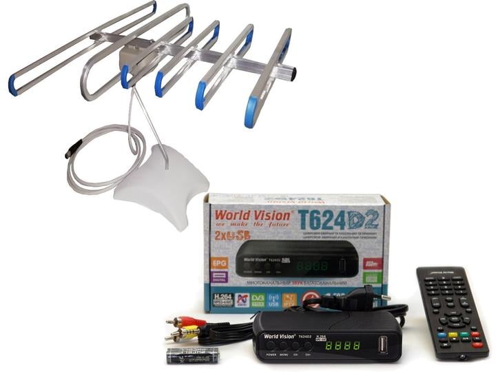 Тюнер/ресивер Т2 World Vision WV Т624D2 с фунциями медиаплеера и IPTV/WebTV + Super антенна комнатная с TV кабелем Тюнер/ресивер Т2 World Vision WV Т624D2 с фунциями медиаплеера и IPTV/WebTV + Super антенна комнатная с TV кабелем