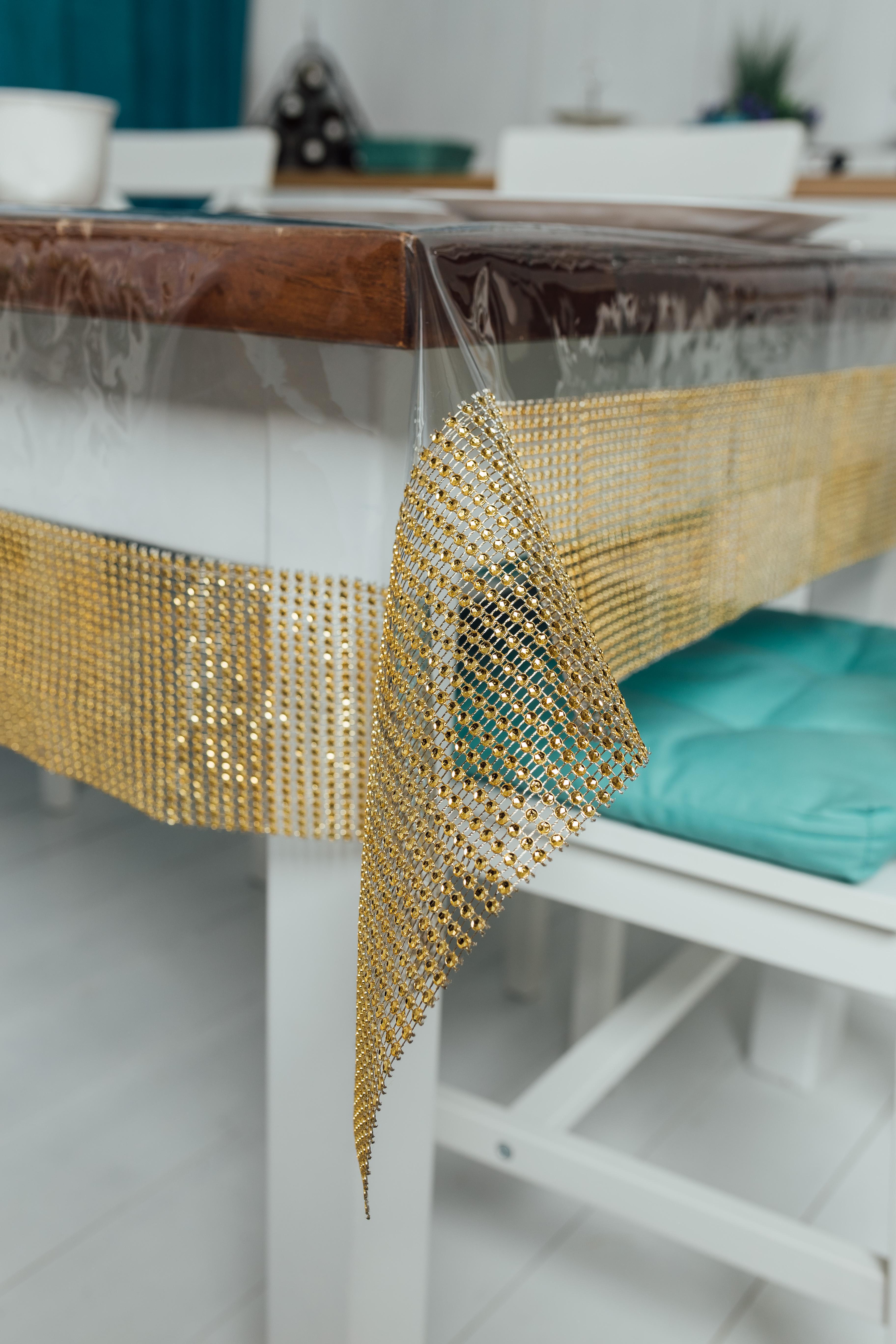 Скатертина cиліконова з стразовою стрічкою Золото 350x150 см/м'яке скло 330x20 см (102-226)