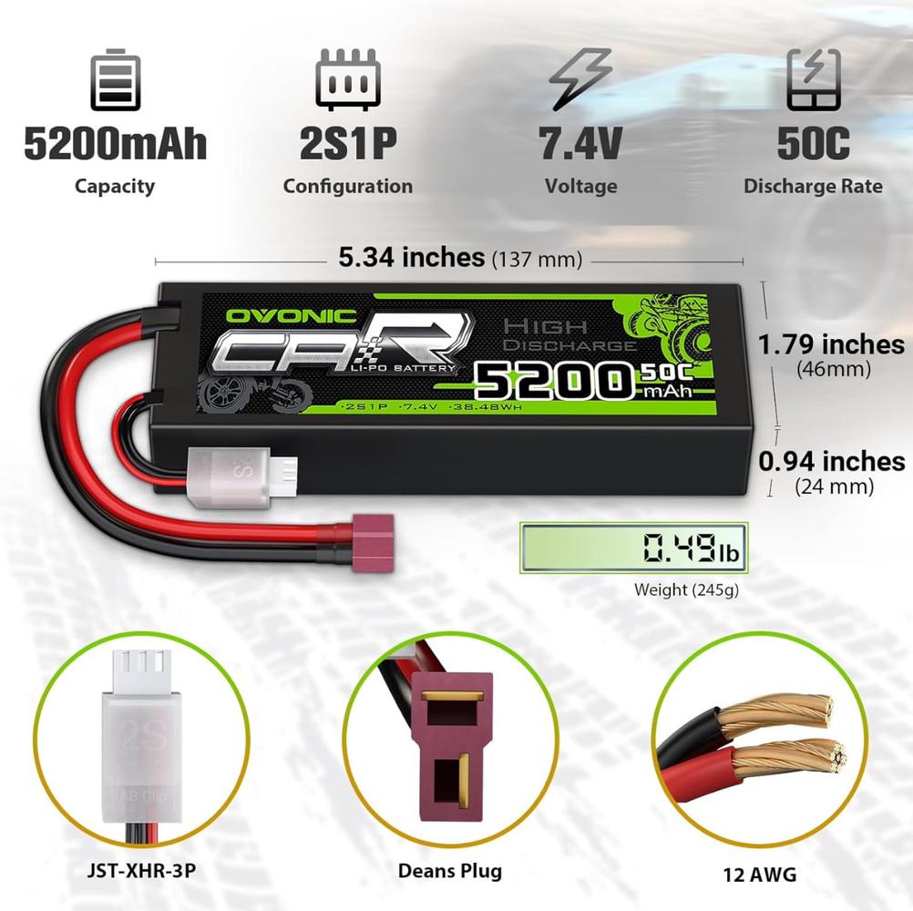 Аккумулятор OVONIC 2S LiPo 5200 mAh 7,4V 50C с T-коннектором Dean Style для авто катеров моделей RC - фото 2 Аккумулятор OVONIC 2S LiPo 5200 mAh 7,4V 50C с T-коннектором Dean Style для авто катеров моделей RC - фото 2