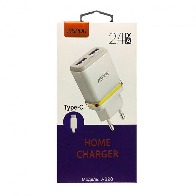 Зарядний пристрій мережевий Aspor A828 Econom 2USB 2,4A з USB-кабелем Type-C Білий (1858272819) - фото 2 Зарядний пристрій мережевий Aspor A828 Econom 2USB 2,4A з USB-кабелем Type-C Білий (1858272819) - фото 2