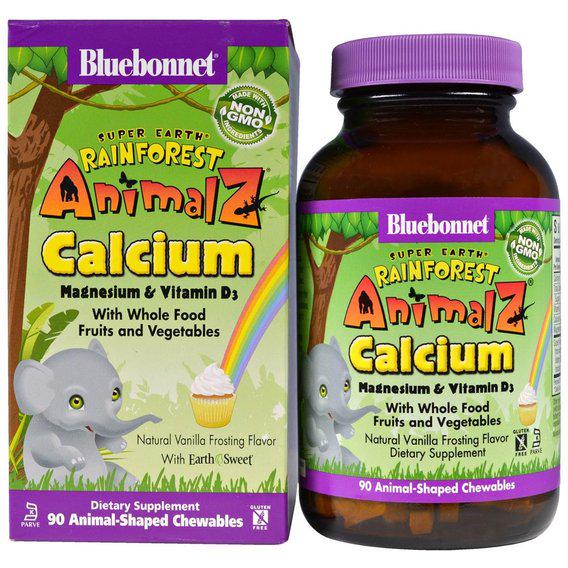 Микроэлемент Кальций Bluebonnet Nutrition Rainforest Animalz Calcium Magnesium And Vitamin D3 90 Chewables Natural Vanilla Frosting Flavor (BLB0196) - фото 1