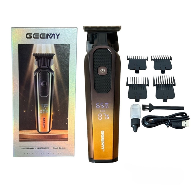 Машинка для стрижки волос Geemy GM-8058Q аккумуляторная LED-дисплей 4 насадки USB-зарядка Оранжевый (ML-05027)