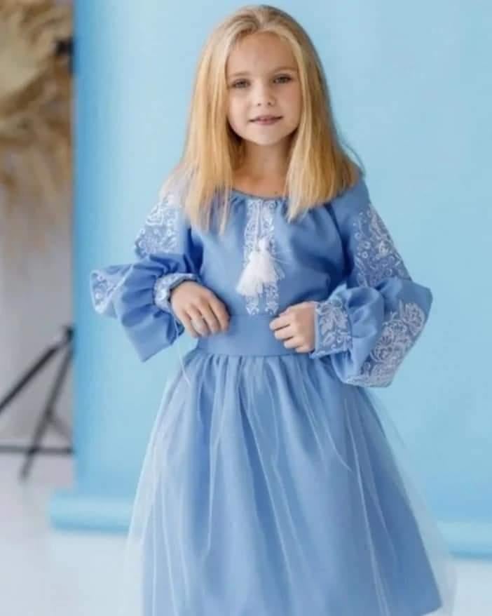 Платье вышиванка для девочек Пышное 104 см Голубой - фото 3