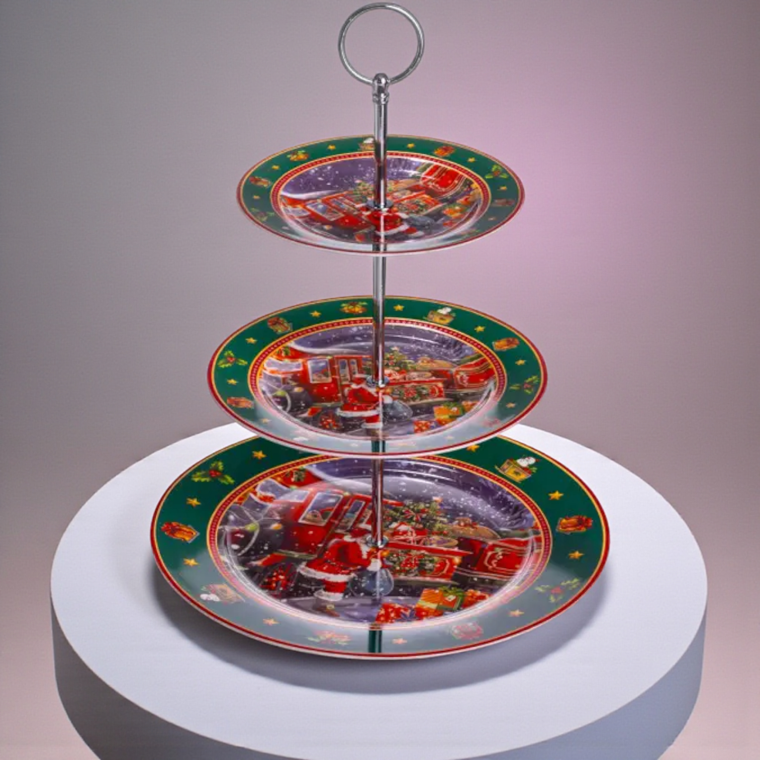 Етажерка порцелянова 3-ярусна кругла для фруктів та десертів Santa з різдвяним принтом 34 см Різнокольоровий (HP-SDHK-9) - фото 4 Етажерка порцелянова 3-ярусна кругла для фруктів та десертів Santa з різдвяним принтом 34 см Різнокольоровий (HP-SDHK-9) - фото 4