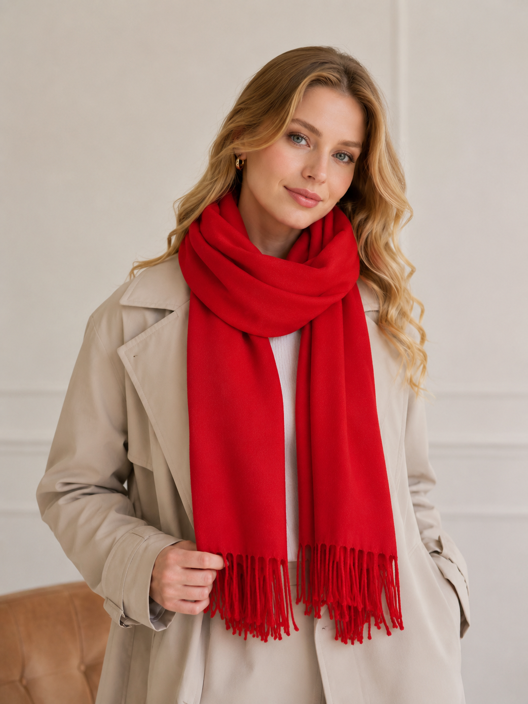 Шаль Cashmere с бахромой 200x35 см Красный