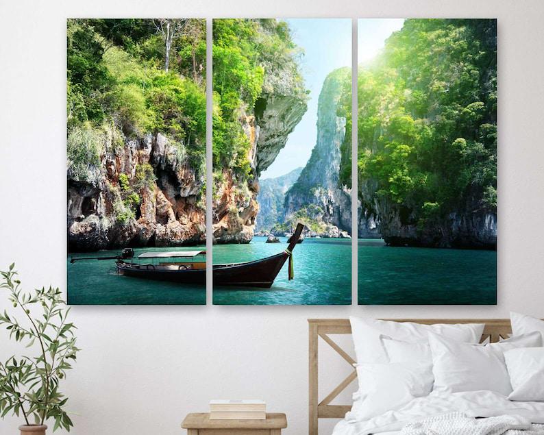 Модульная картина на холсте из трех частей KIL Art Лодка у скал 128x81 см (M3_L_640)