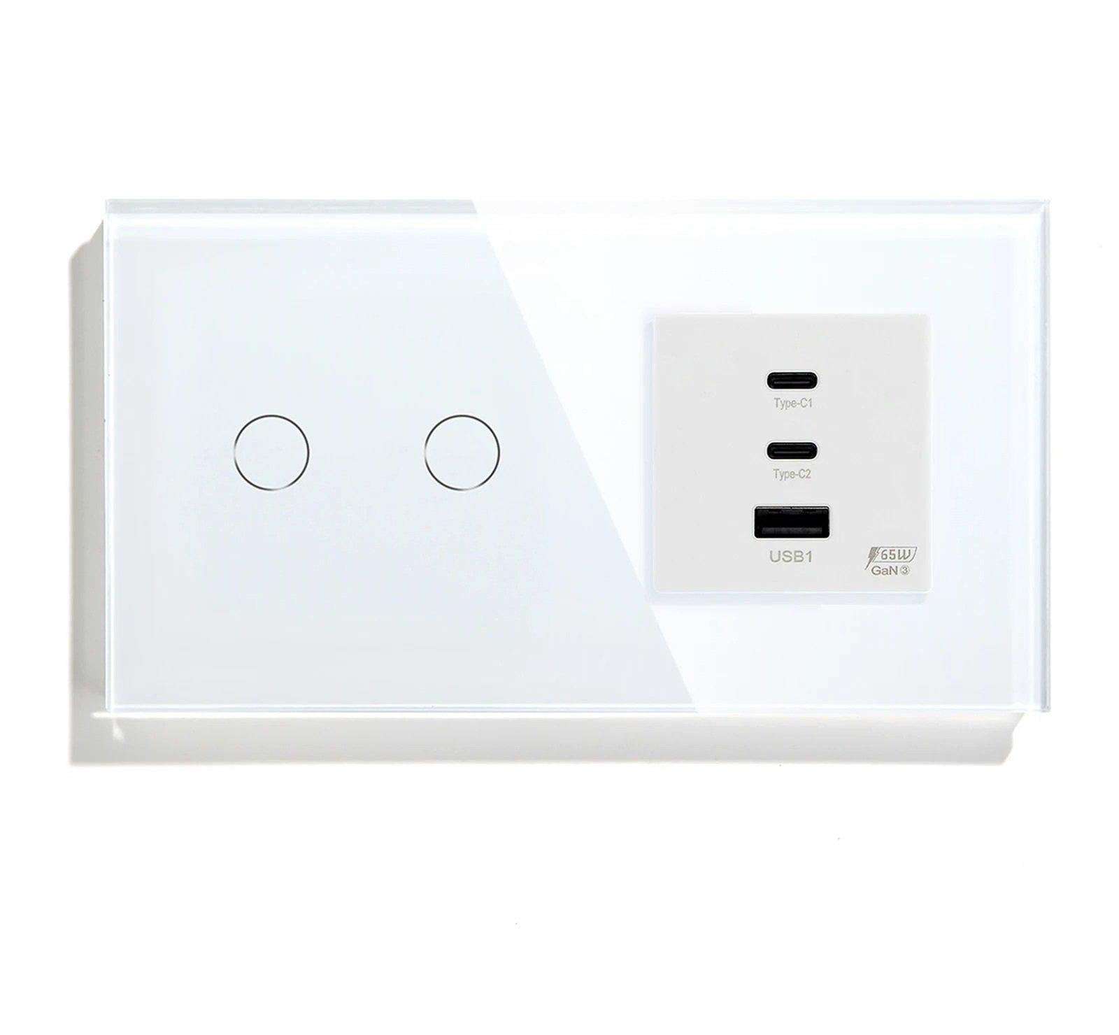 Выключатель умный LUXION сенсорный/двойной с розеткой USB A+C+C 65Вт стекло Белый