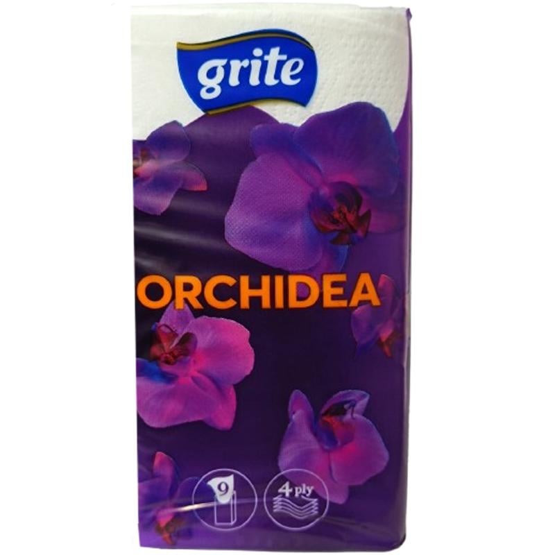 Платочки бумажные четырехслойные GRITE Orchidea 6 шт. х 9 шт. White (17823) Платочки бумажные четырехслойные GRITE Orchidea 6 шт. х 9 шт. White (17823)