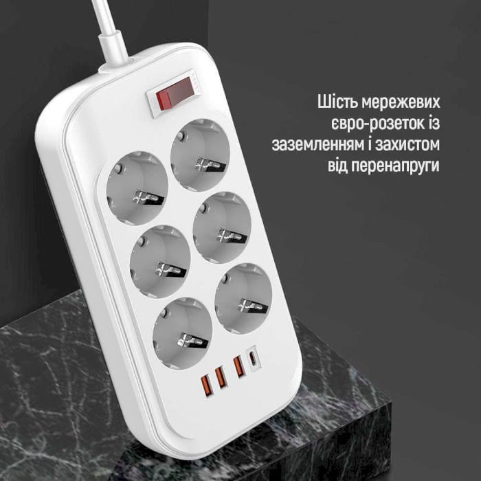 Сетевой фильтр ColorWay CW-CHE64PDW 6 розеток 1 USB-C PD 3 USB-A QC3.0 36W 2 м White (26075476) - фото 5