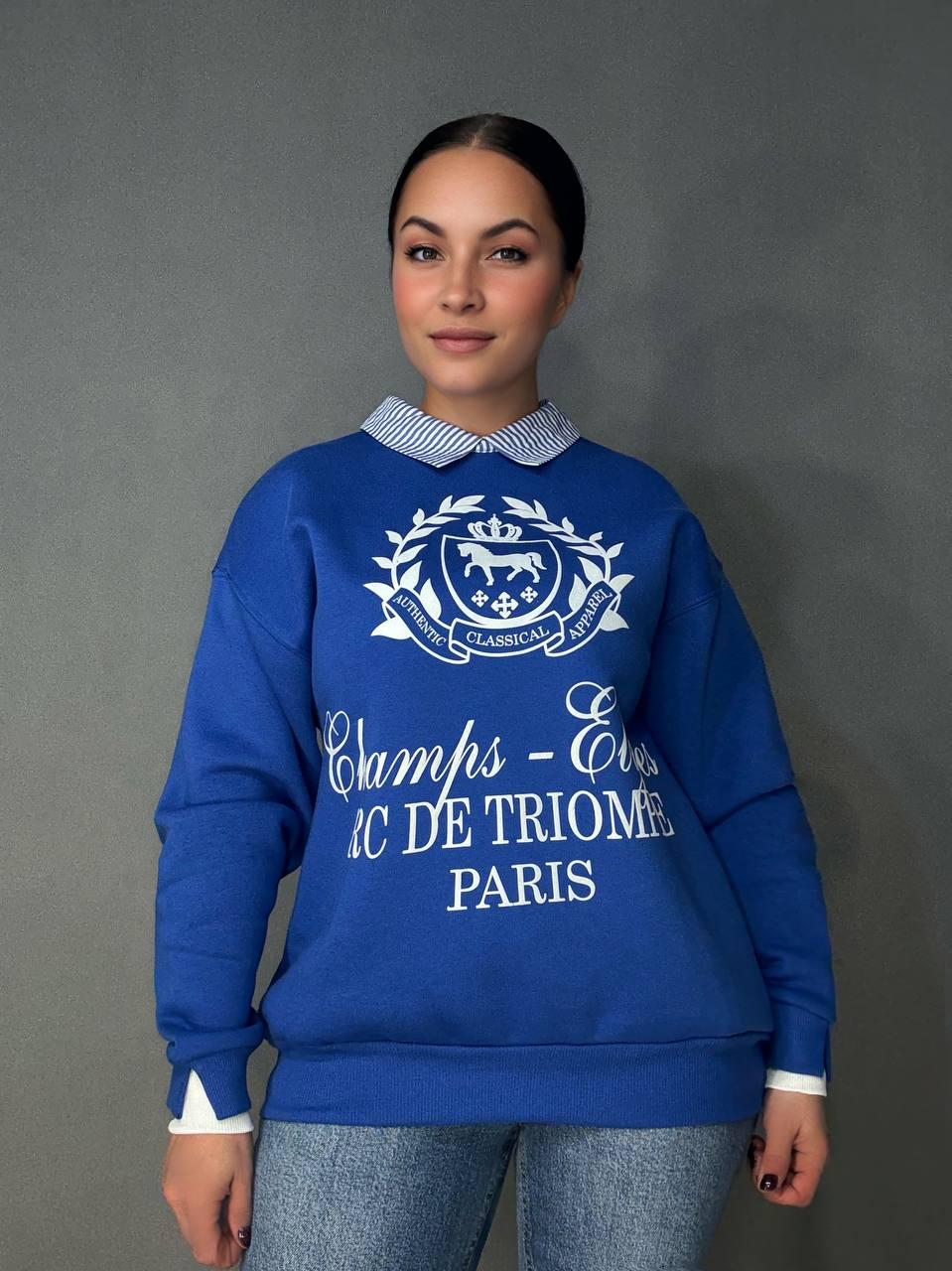 Світшот жіночий OLIVIA 2473 з коміром та малюнком попереду утеплений на флісі OS Синій (1185)