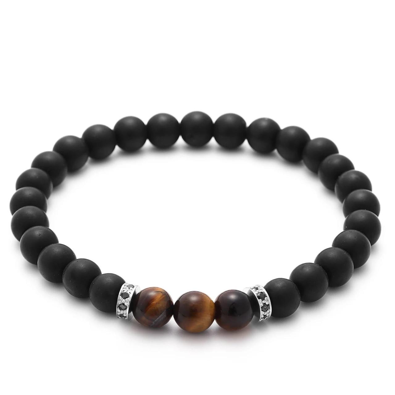 Браслет із шунгіту та тигрового ока з дисками р. 19 (90074)