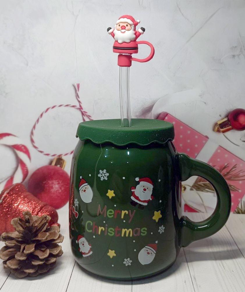 Чашка з кришкою і трубочкою Санта кераміка 460 мл Зелений (21-зел-102-1082) - фото 10