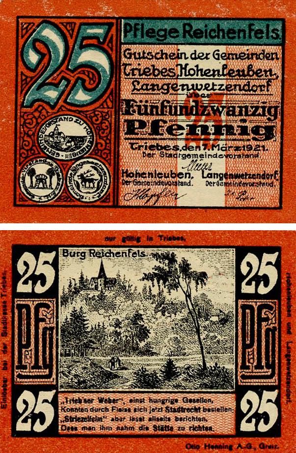 Коллекционная банкнота Германия Нотгельд 25 пфеннигов 1921 F-VF Райхенфельс (Б18552)
