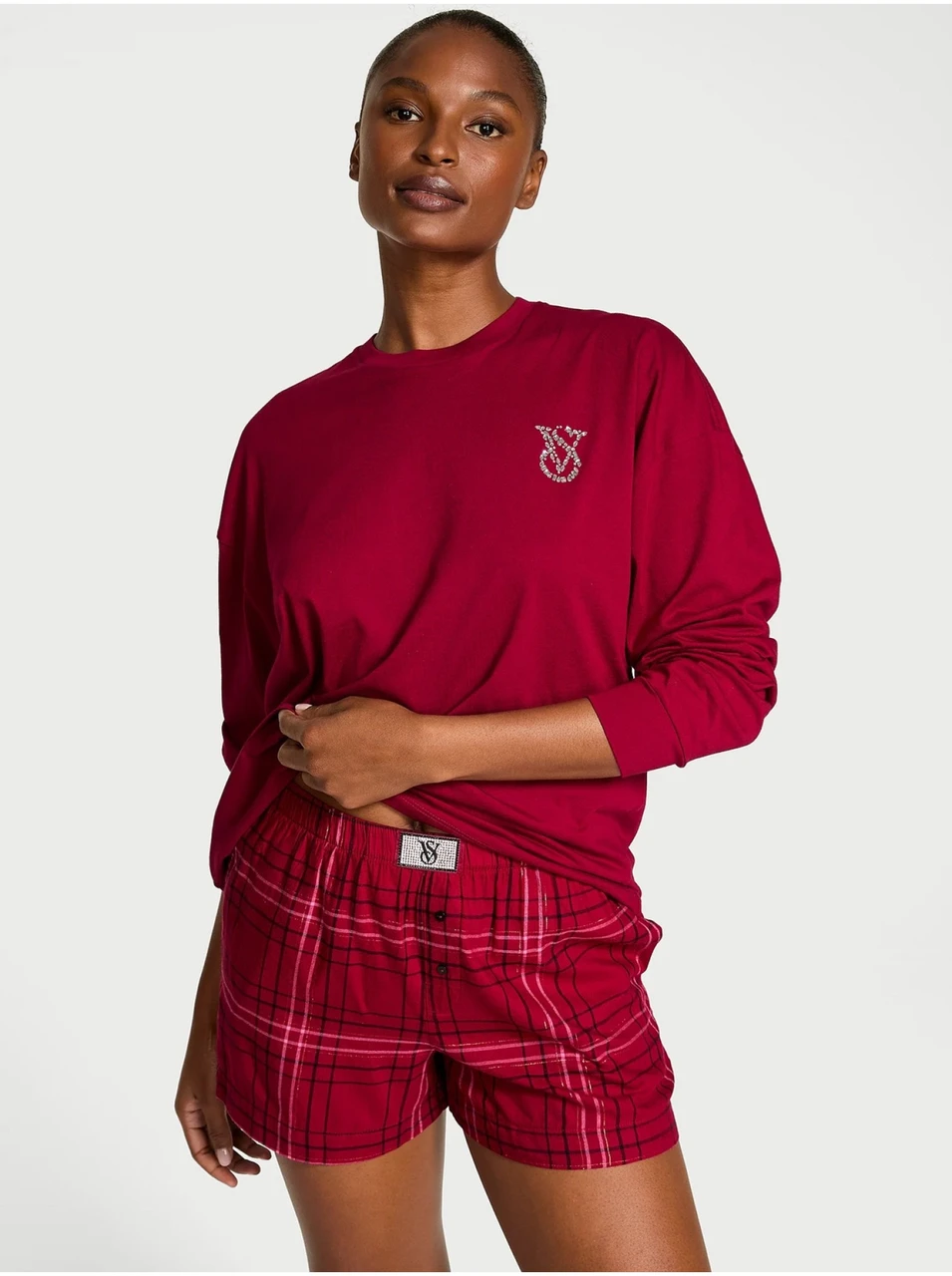 Пижама женская Victoria's Secret Flannel Long-Sleeve Short Tee-Jama Set XS Красный (3043227603)