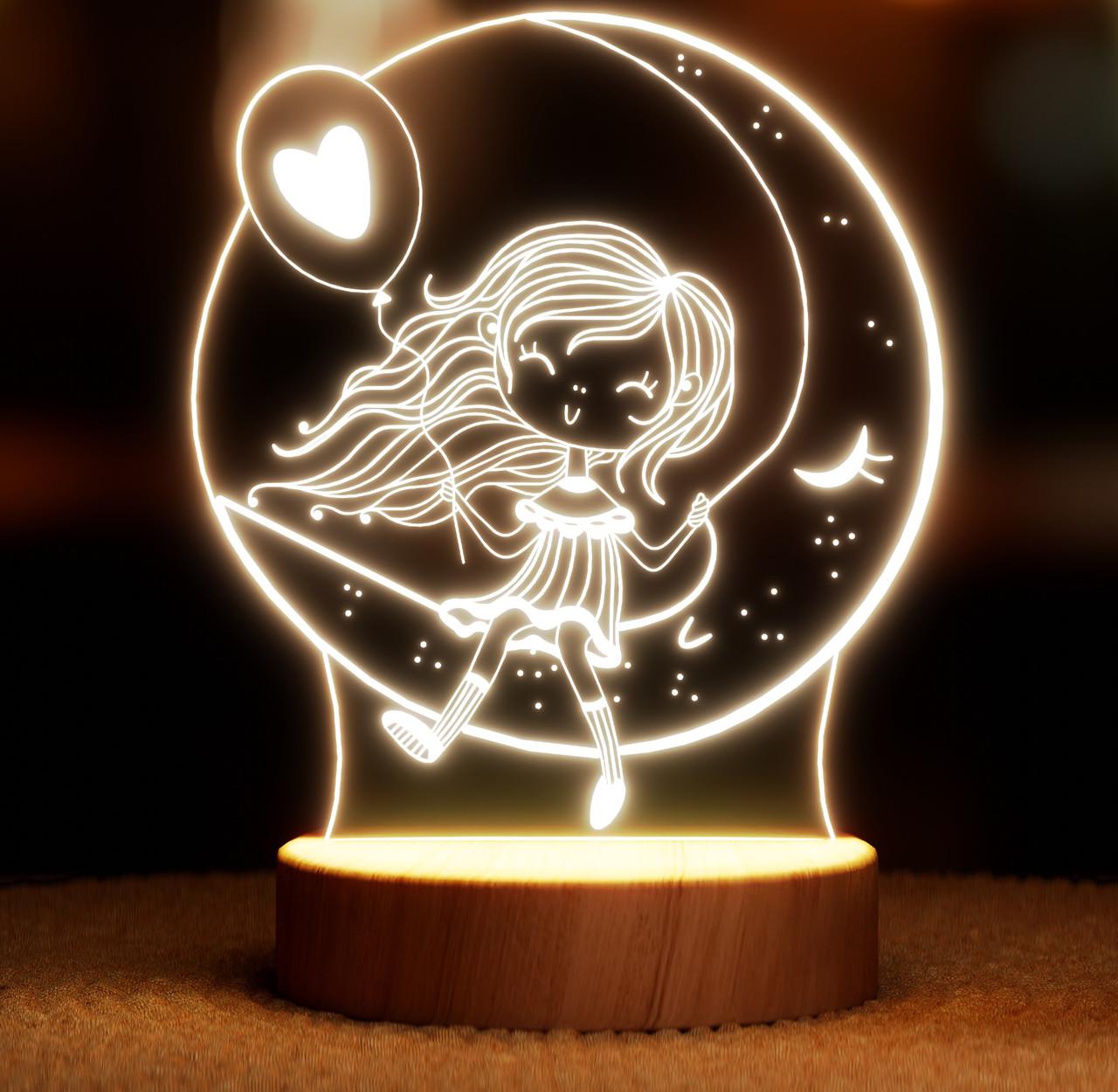 Ночник-светильник Lampic Девочка на луне с шариком USB дерево/акрил 15х22 см Желтый (32377386)