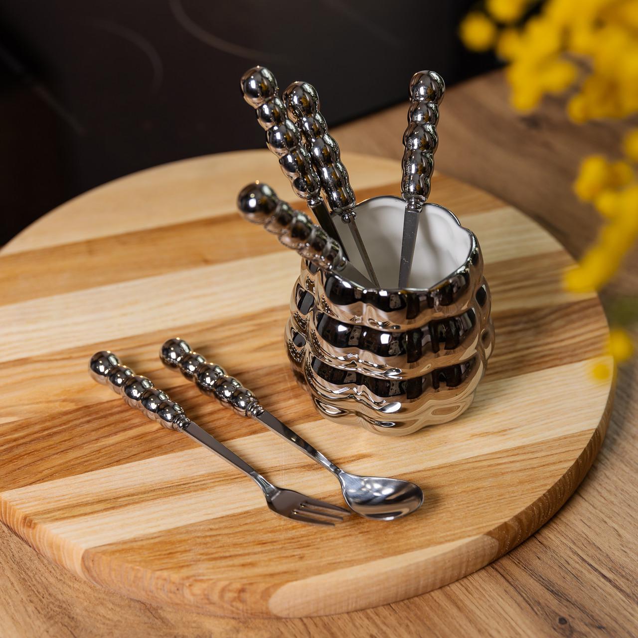 Набір десертних виделок та ложок з керамічними ручками та підставкою для 3 персон 7 приладів Сірий металік - фото 5 Набір десертних виделок та ложок з керамічними ручками та підставкою для 3 персон 7 приладів Сірий металік - фото 5