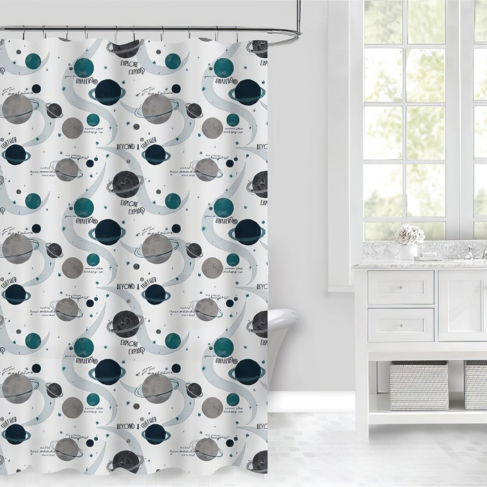 Шторка для ванной и душа водоотталкивающая Космические планеты материал PEVA с пластиковыми крючками 180x180 см