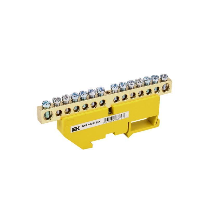 Шина заземления УЭК ШНЫ-8х12-14-Д-Ж 14 отверстий 8x12 мм медь с изолятором на DIN-рейку (YNN10-812-14D-K05)