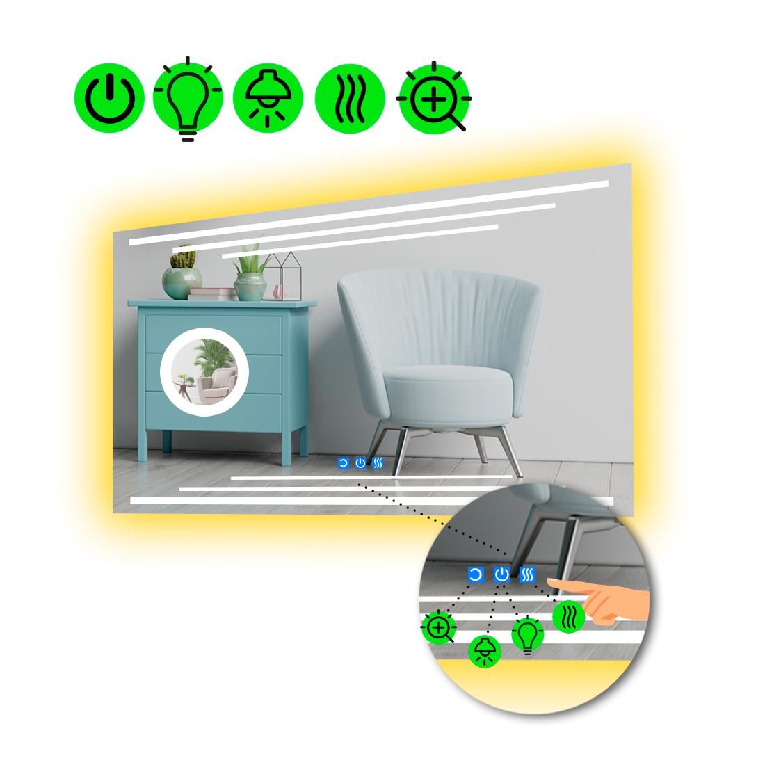 Зеркало с LED подсветкой Francisca с тремя сенсорами и линзой с подсветкой 90x60 см (8775595)