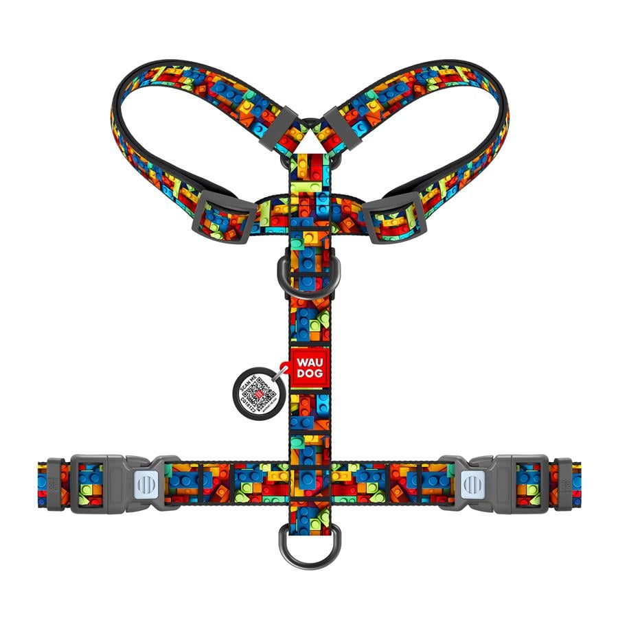 Шлейка для собак с QR-паспортом WAUDOG Nylon Блоки пластиковый фастекс M 20 мм A 38-60 см/B 46-60 см Разноцветный (344-4056) - фото 2
