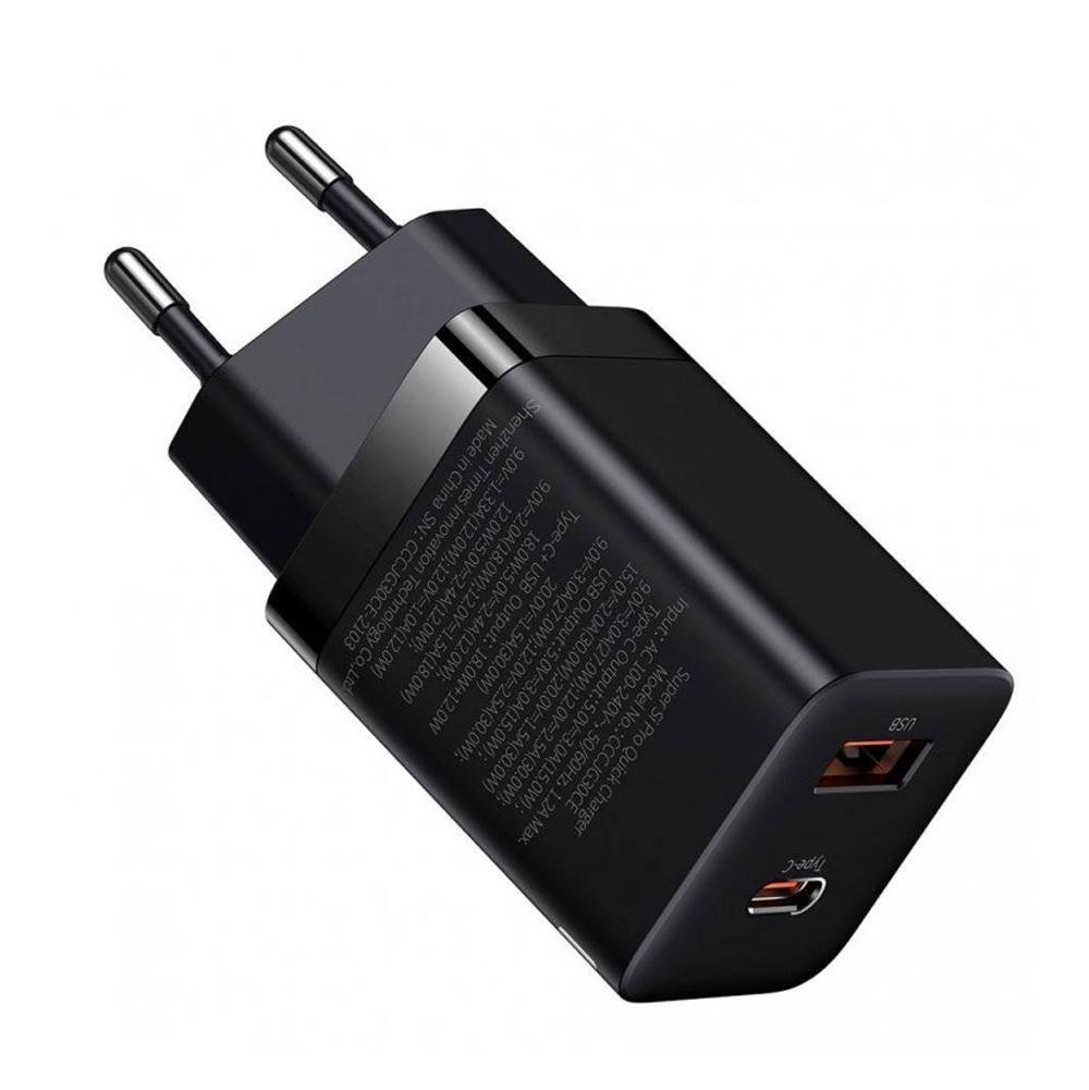 Адаптер питания Baseus Super Si Pro Quick Charger Type C + USB 30W, Black