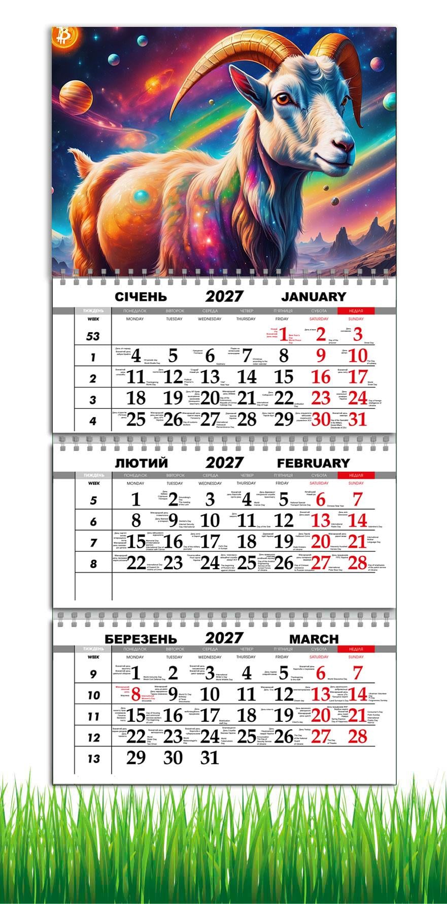 Календарь настенный квартальный на 2027 год APRIORI символ года Коза 30х61 см (36666853)