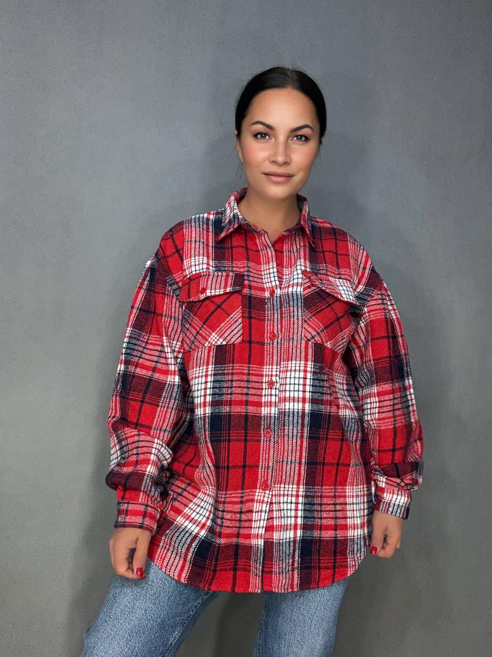 Рубашка женская YZY 223 клетчатая оверсайз теплая байка OS Красный (5398) - фото 1 Рубашка женская YZY 223 клетчатая оверсайз теплая байка OS Красный (5398) - фото 1