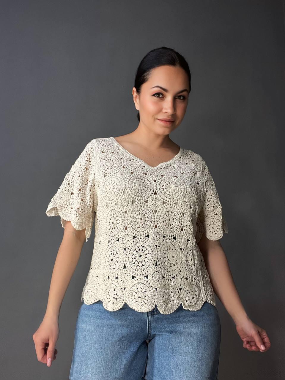 Блузка жіноча A-N 5303 мереживна в’язана з коротким рукавом OS Бежевий (26404724) - фото 8