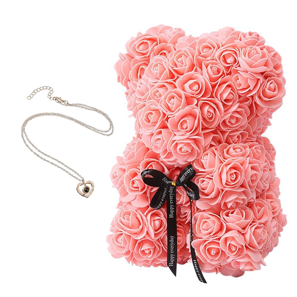 Мишка из розовых роз 3D Teddy Flower 25 см + кулон I Love You Светло-розовый