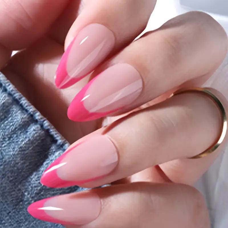 Накладні нігті нюдовий френч мигдаль із клейовими пластинами 24 шт. Рожево-червоний - фото 2