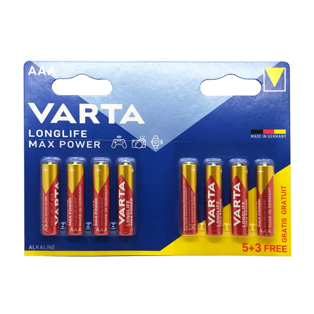 Батарейка алкалінова VARTA LONGLIFE MAX POWER LR03/AAA на блістері 8 шт. Червоний (3110475681)