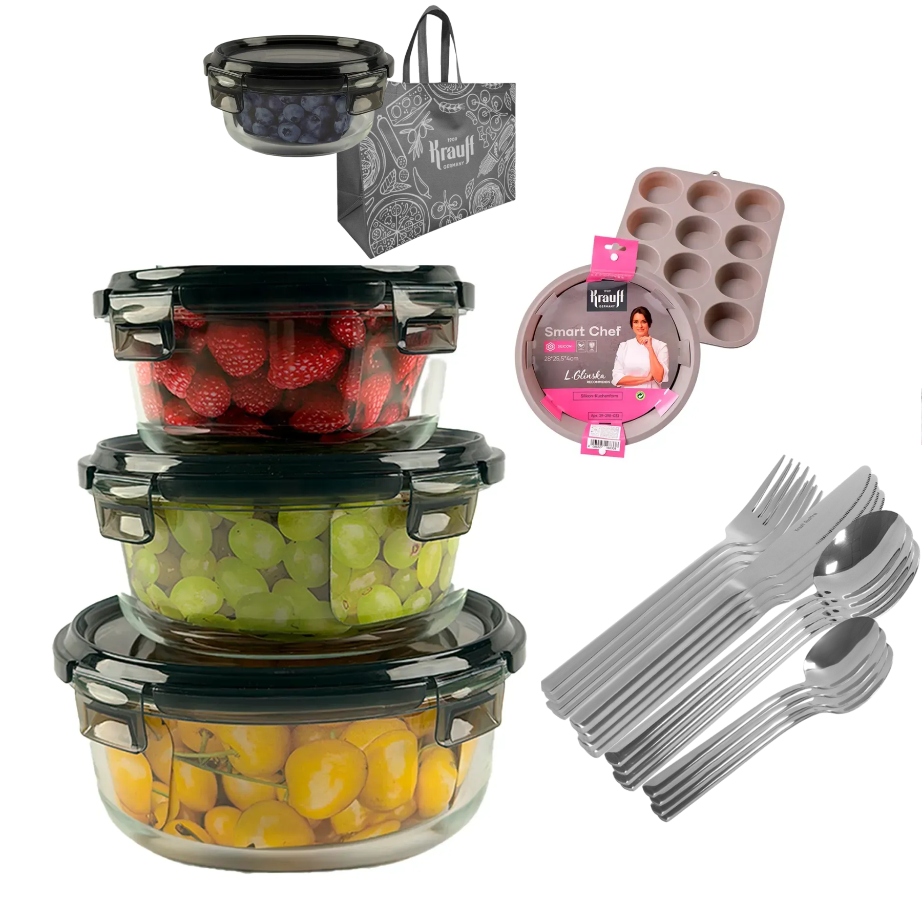 Набор стеклянных контейнеров Krauff Smart Chef со столовыми приборами и формами для выпечки (55-333-663)