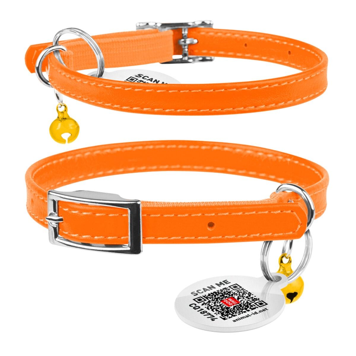 Ошейник для кошек кожаный WAUCAT Glamour с QR паспортом 9 мм/17-20 см Оранжевый (32754)