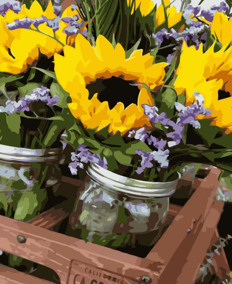 Картина по номерам Strateg Премиум Подсолнухи в банке с лаком и уровнем 40x50 см (VA-3423)