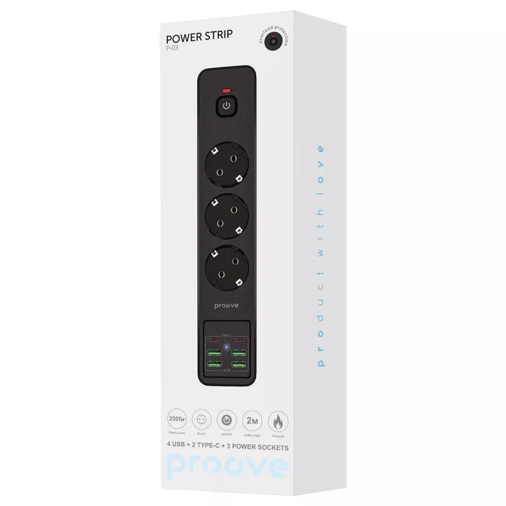 Мережевий фільтр зарядкою Proove Power 3 розетки 4 USB 2 Type-C 2 м Black - фото 9 Мережевий фільтр зарядкою Proove Power 3 розетки 4 USB 2 Type-C 2 м Black - фото 9