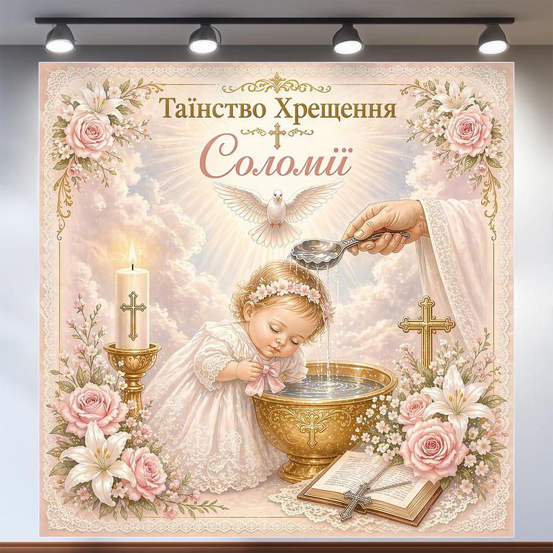 Баннер для фотозоны Таинство Крещения с младенцем, купелью и свечой бежевый 160х160см, №48015 Баннер для фотозоны Таинство Крещения с младенцем, купелью и свечой бежевый 160х160см, №48015
